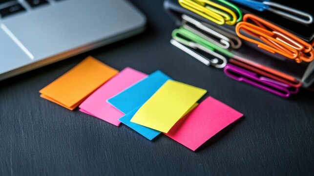 Colorful sticky notes on dark surface with laptop and binder clips - Powered by Adobe