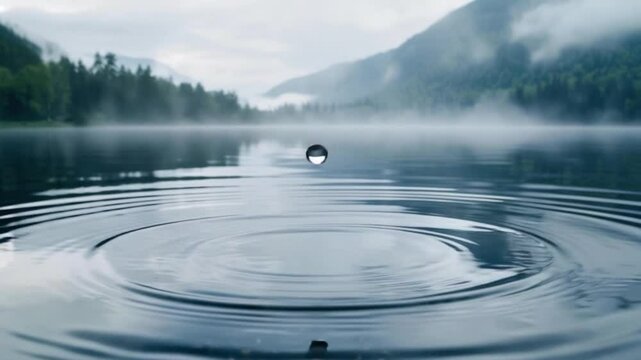 A serene water drop creating ripples on a lake, with misty mountains in the background. The image captures the stillness and beauty of nature