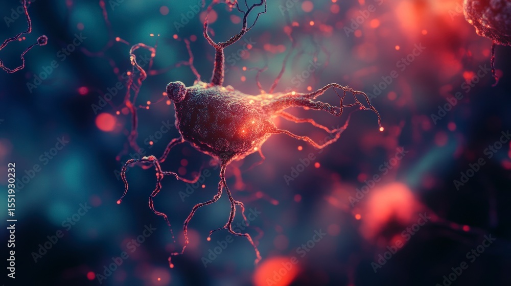 Poster microscopic view of a neuron cell with glowing synapses and dendrites.