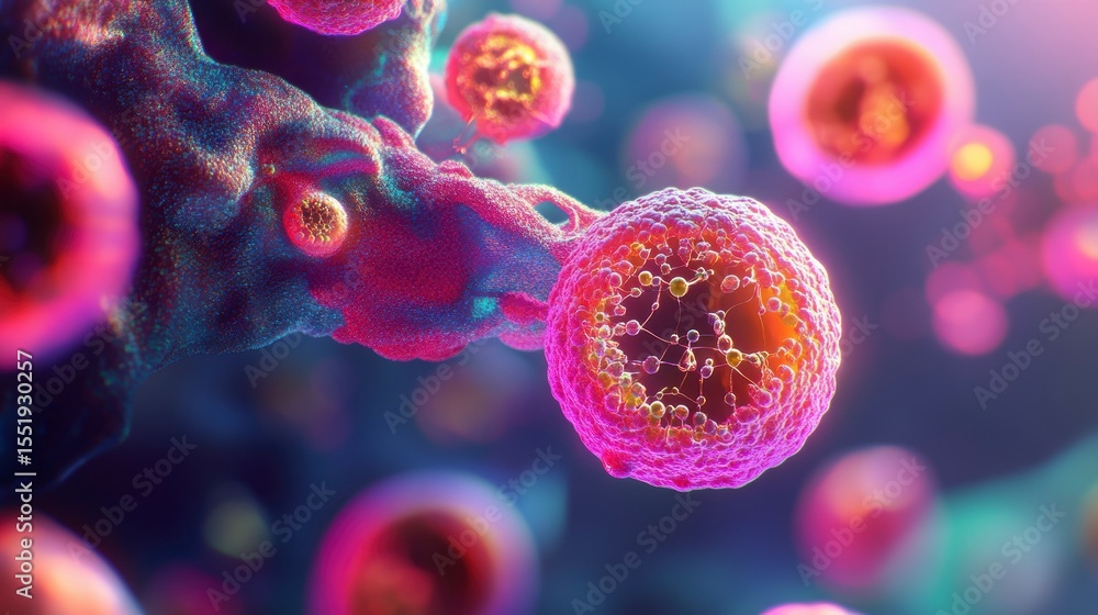 Poster microscopic view of vibrant cells, depicting biological processes with intricate detail and dynamic 