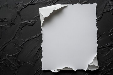 Photo of a single white sheet of paper on top of a black background, with the lower right corner torn off.