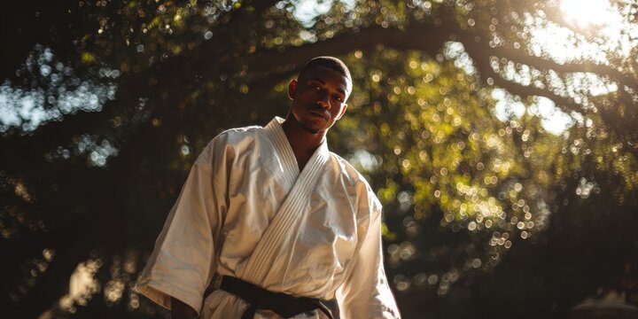 Man Wearing White Kimono with Black Belt in Traditional Martial Arts Pose