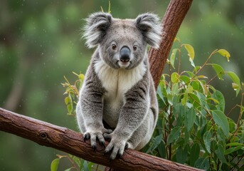 Naklejka premium Koala sitting on a tree branch surrounded by eucalyptus leaves in the rain