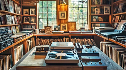 Cozy vintage record store featuring a turntable and a vast collection of vinyl records.