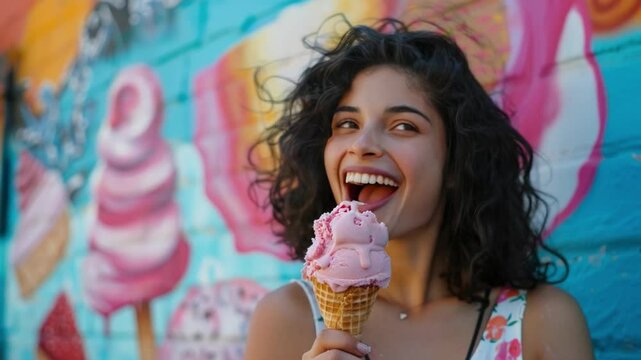 A joyful person taking a delightful bite of ice cream in a waffle cone, set against a vibrant backdrop of painted imagery. 