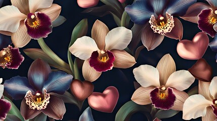 A vibrant pattern of colorful orchids and heart shapes on a dark background.