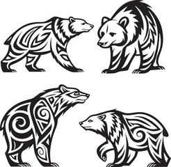 Vector bundle of 4 tribal bear designs with varying patterns—ideal for designers needing diverse wildlife tattoo elements.
