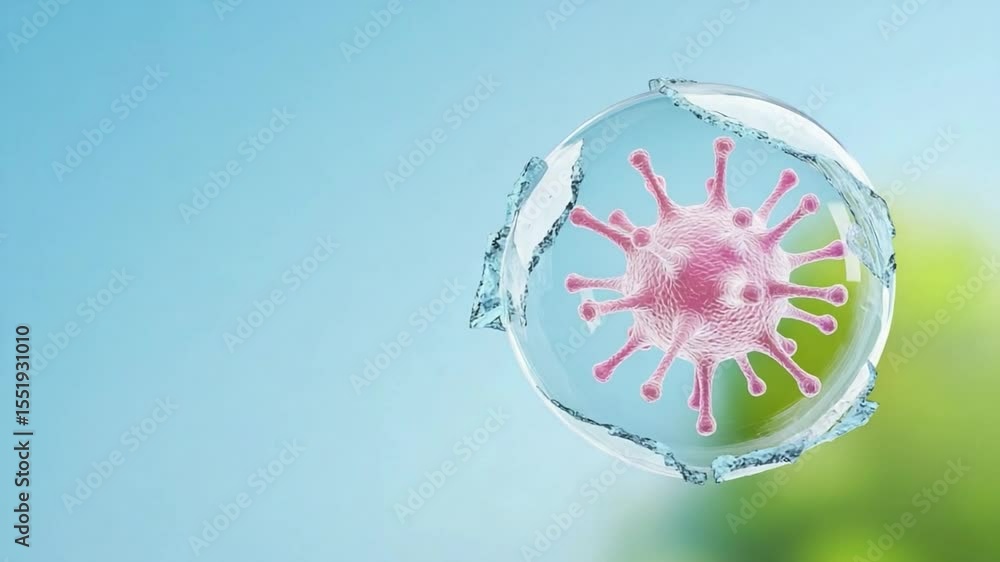 Poster Defensive Barrier: A detailed image of a virus encapsulated within a transparent bubble. The bubble provides a protective shield, symbolizing immunity and health measures in the face of illness.