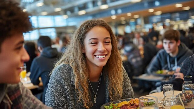 Smiling College Student Eating Lunch in Cafeteria with Friends, Having a Healthy Meal and Enjoying Social Time on Campus