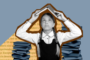 Full zine trendy photo collage of minded schoolgirl hold book stack pressure literature subject...