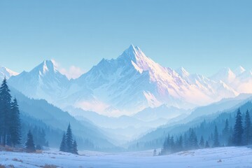 pixel-art icy mountains with open snow field in foreground