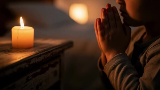 Child with hands clasped in prayer by the light of a single candle on a bedside table in a dimly lit room, expressing innocent faith and hope for spiritual or family-oriented themes