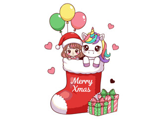 Obraz premium Adorable Christmas Unicorn and Girl in Stocking Illustration