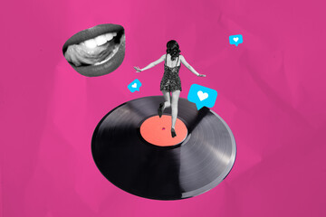 Trend artwork composite banner 3D collage of young lady run vinyl record like banner lips smile...