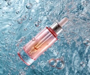 Cosmetic essence in a glass bottle with a pipette in transparent water with bubbles