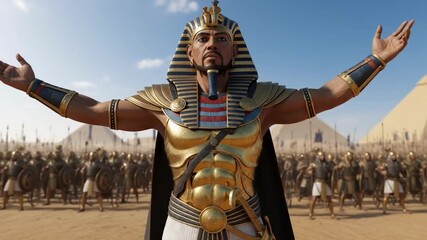 Powerful egyptian pharaoh in golden armor with arms outstretched stands before his vast army in the desert, symbolizing ancient power, leadership, and historical battles for educational content