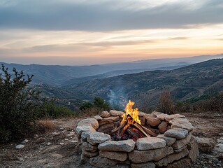 Photo of a small fire made from stones on top of the mountain, with burning wood and flames visible
