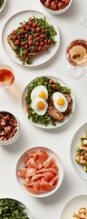 Fresh and Healthy Meal Spread with Eggs, Greens, and Salmon