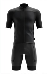 A sleek, modern black cycling outfit sports suit mockup featuring a short-sleeve jersey and fitted shorts. The design emphasizes aerodynamics and comfort, suitable for competitive cycling.