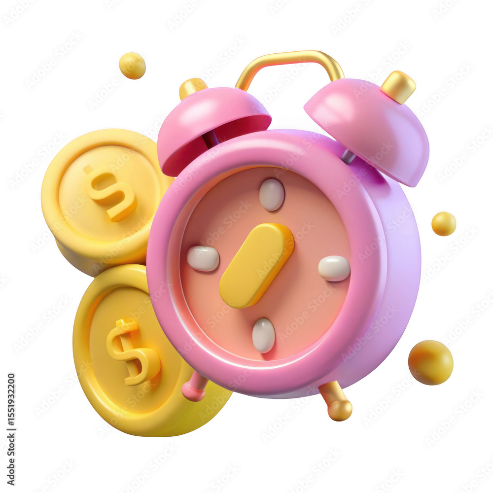 Poster 3d alarm clock with coins isolated on transparent background