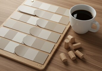 Paint swatches and a cup of coffee are arranged on a wooden table