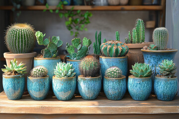 Cactus plants in blue pots.