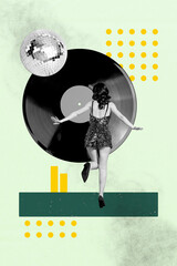 Retro visual collage of person dance disco ball on green background with geometry dots shape