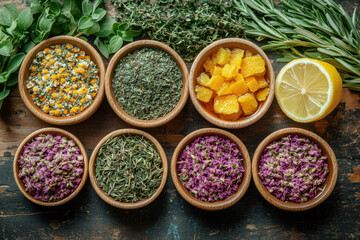 Wooden bowls filled with assorted herbs.
