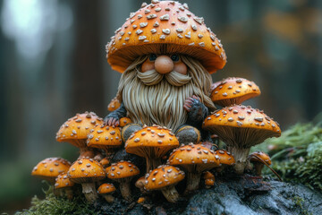 Small gnome figure with mushrooms on head.