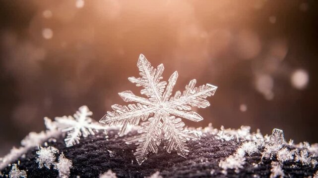 Close-up view of a beautiful snowflake glistening in the sun's rays. The delicate crystal structure is a testament to the wonders of winter