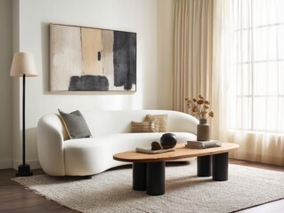 Bright Living Room Featuring Curved Sofa  isolated on a transparent background