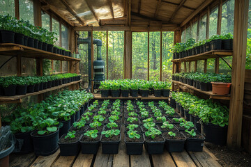 Many plants in pots inside a greenhouse.