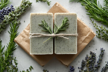 Rosemary soap bar with visible sprigs of herb embedded throughout, creating a natural and aromatic appearance.