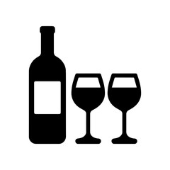 Wine bottle and two glasses icon with transparent background representing fine dining and wine list selection

