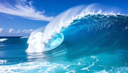 Obraz premium Massive Ocean Wave Crashing and Spraying Water Under a Bright Blue Sky