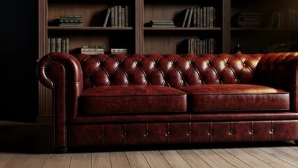Classic leather chesterfield sofa with deep buttoning stands in a traditional library with bookshelves and a warm lamp, embodying timeless elegance, comfort, and intellectual ambiance for interior des - Powered by Adobe