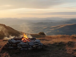 Photo of a small fire made from stones on top of the mountain, with burning wood and flames visible