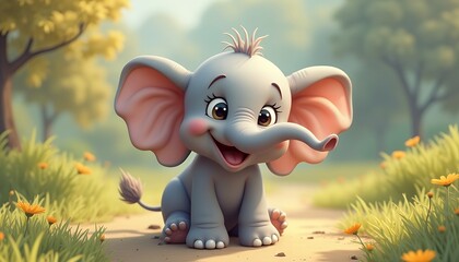 Cute Elephant Cartoon Character Sitting Outdoors