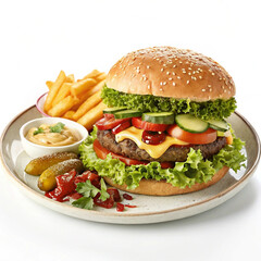 A cheeseburger with fresh tomatoes and lettuce, presented on a white plate