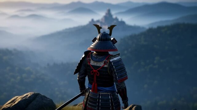 Samurai in traditional armor with a katana stands on a cliff overlooking a misty landscape with a castle on a hill, representing honor, history, and epic adventure for gaming and fantasy worlds