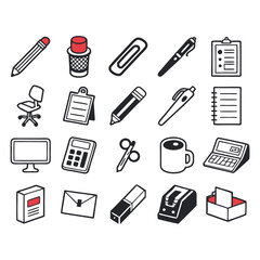 Colorful Office Tools Icon Set – Flat Vector Illustrations of Stationery and Office Equipment.

