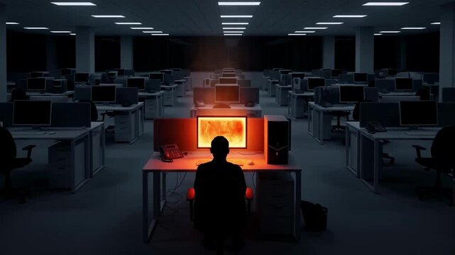 Silhouette of a lone office worker at a glowing computer in a vast, dark, empty office late at night, symbolizing overtime, dedication, or corporate pressure and impending deadlines