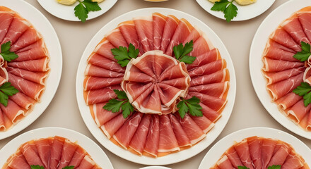 Artistic Prosciutto Platter Arrangement Garnished With Fresh Parsley Sprigs On White Plates
