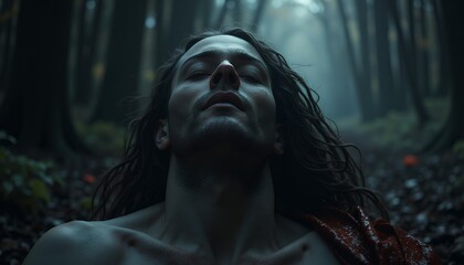 Man with Long Hair Meditating in Forest