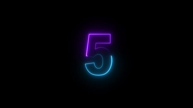Glowing neon numeric text 5 number countdown icon background 4k animation. Purple and cyan neon font alpha number. Neon number 5 with alpha channel, Energy neon 5 number.