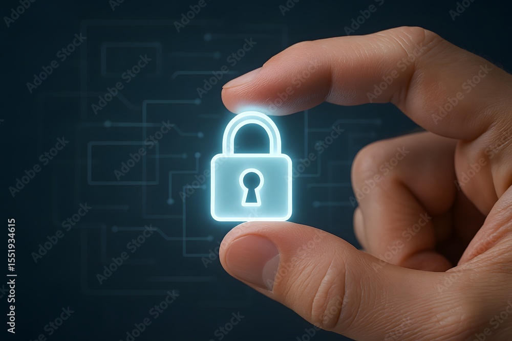 Poster fingers gently hold a luminous padlock hologram against a dark network schematic. this video emphasi
