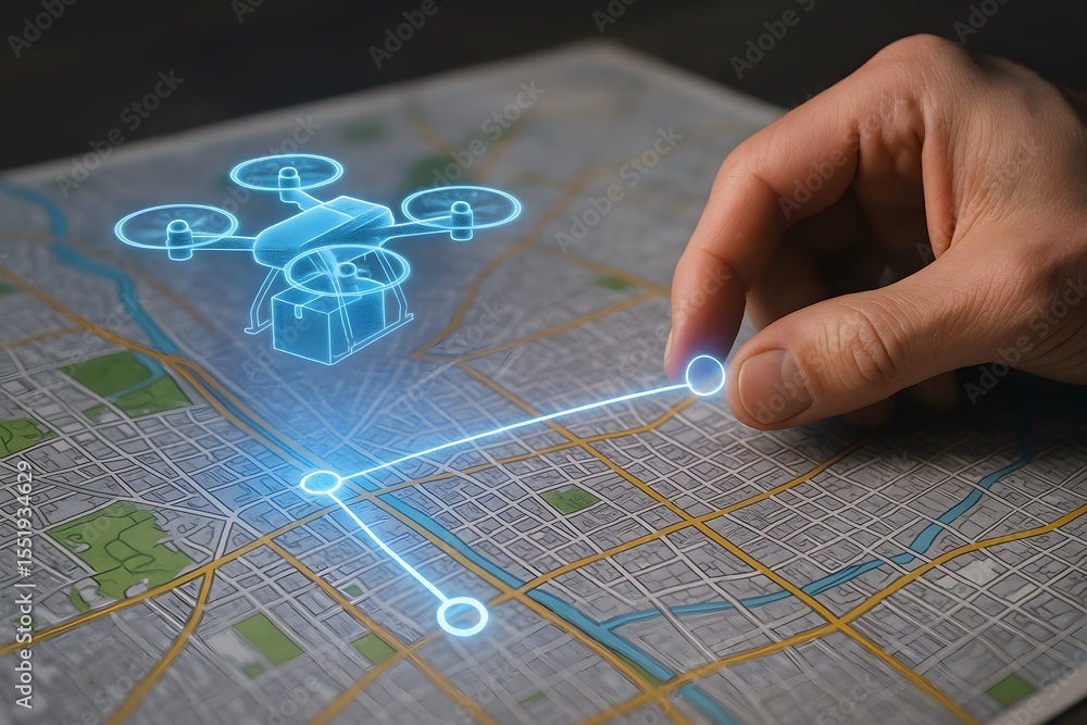 Poster a holographic cargo drone and waypoint path appear above a detailed street map under guiding fingert