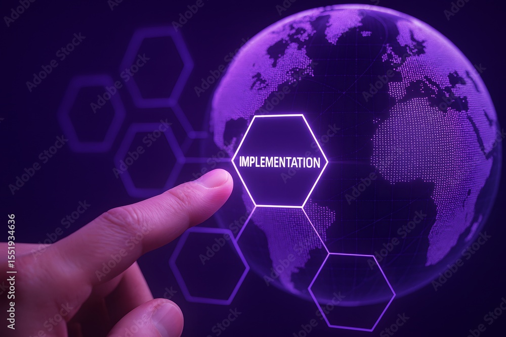Poster a fingertip activates a glowing hexagon labeled implementation on a virtual world map. this video co