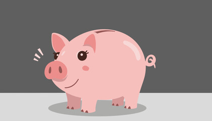 Cartoon piggy bank smiling on a gray background  