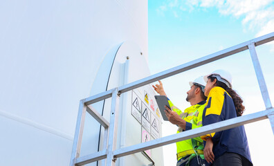 Team male technician explains the plan female engineer field work consultation in wind farm project...